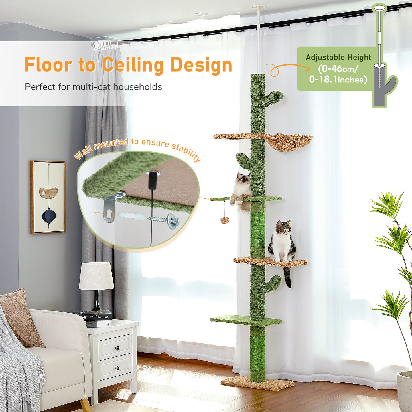 PAWZ Road | 240cm Tiragriffi Cactus con allungamento fino al soffitto