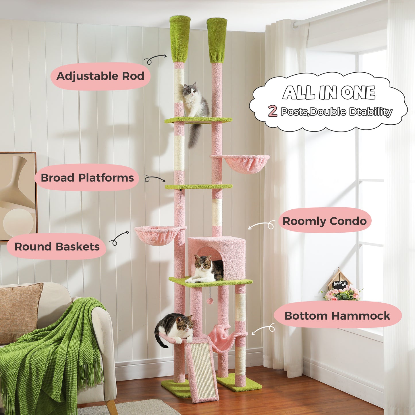 PAWZ Road | 210cm Albero di Tiragriffi per gatti con allungamento fino al soffitto